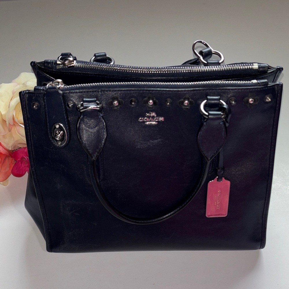 Coach Crosby Carryall with Floral Rivets in navy leather Coach NAVY BLUE LEATHER